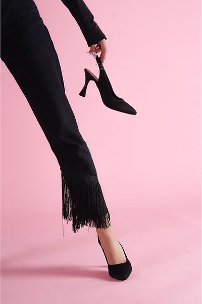 DİVOLYA Rozalinda Black Suede - Pointed Daily Heeled Shoes