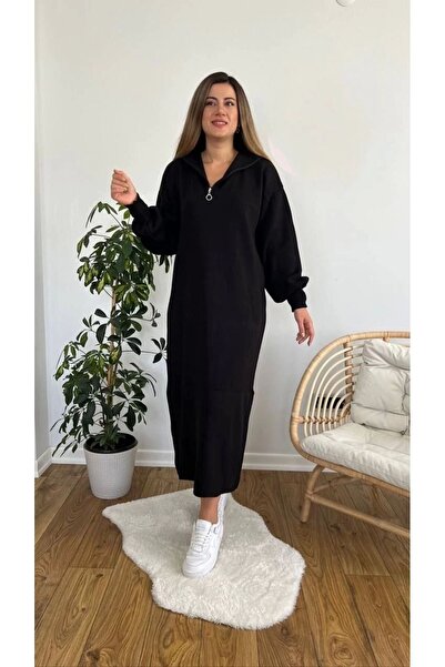 CLB COLLECTION فستان طويل منسوج بياقة سحاب وأكمام بالونية