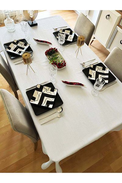 Meral Kurşun Collection White Polyester Linen Linen Tablecloth