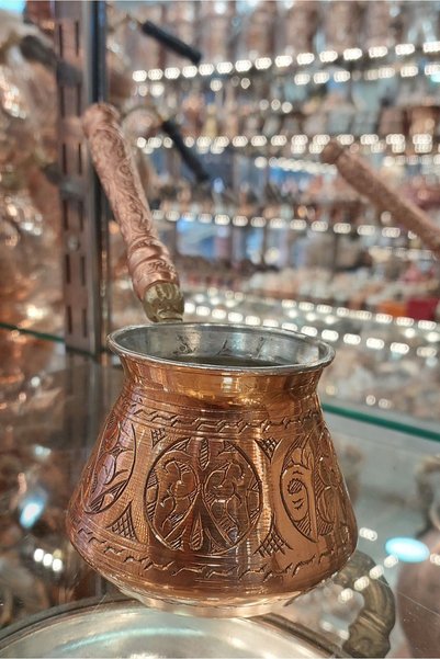 Bakır Center Copper Coffee Pot 5-Cup Carved Handcrafted Family Size Stylish Design Coffee Pot Turkish Coffee Pot