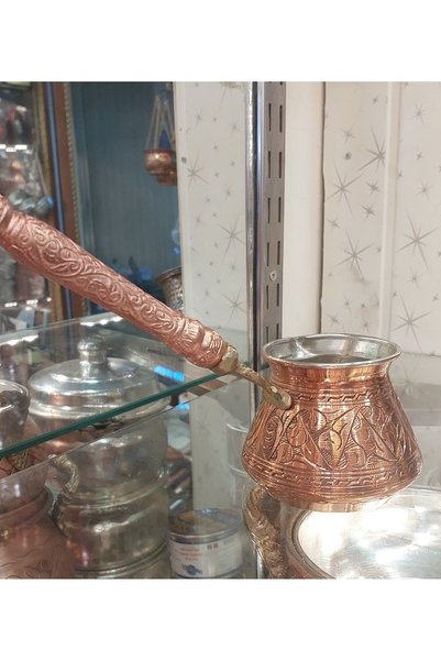 Bakır Center Copper Coffee Pot 5-Cup Carved Handcrafted Family Size Stylish Design Coffee Pot Turkish Coffee Pot