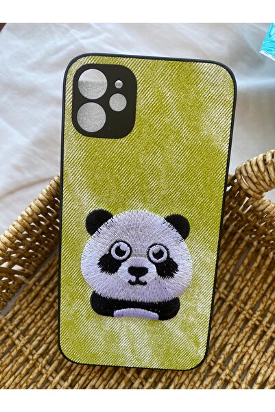 Mopal İphone 11 uyumlu panda desenli kadife sarı kılıf
