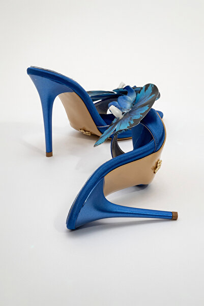 AYAKKABI PRENSİ Lily Flower Detailed Saks Satin 10 cm Dámské pantofle, pantofle na podpatku