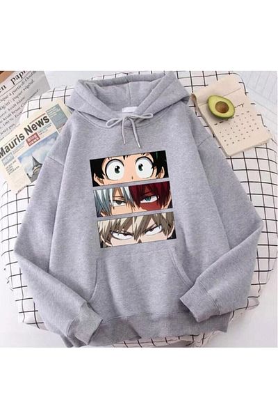 LAND MODA Hanorac anime cu glugă gri Naruto My Hero Academia