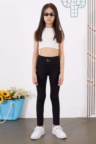 Cansın Mini Girl's High Waist Ribbed 2-Piece Basic Leggings Black-Green 18695