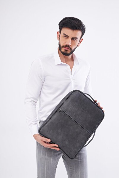 DERİNSS Derinss Dub3050 - Gray Genuine Leather, Shadow Organizer Laptop Backpack