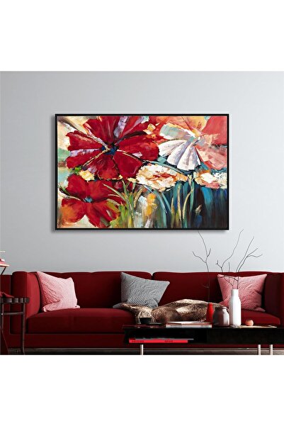 Tablosan Yağlı Boya Dokulu Tablo Modern Renkli Çiçekler Siyah Çerçeveli U02020