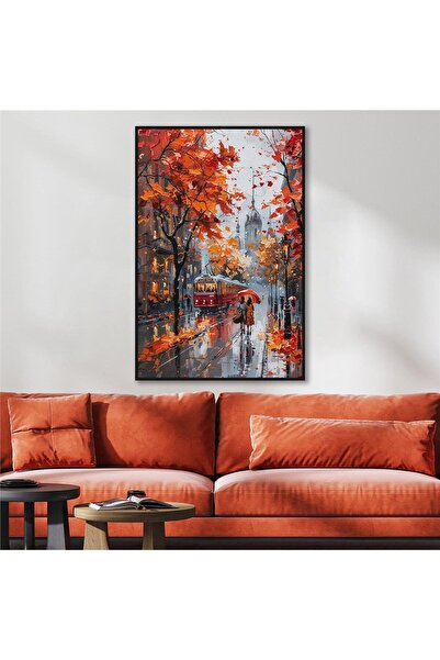 Tablosan Yağlı Boya Dokulu Tablo Sonbahar Şehir Manzarası Siyah Çerçeveli U09019