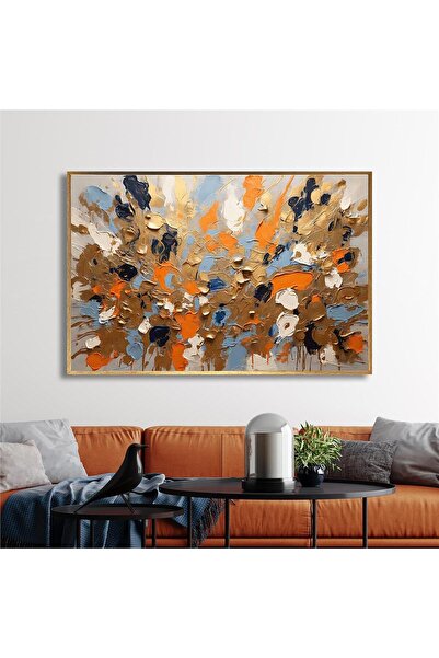 Tablosan Yağlı Boya Dokulu Tablo Soyut Renkli Çiçekler Altın Çerçeveli U08026