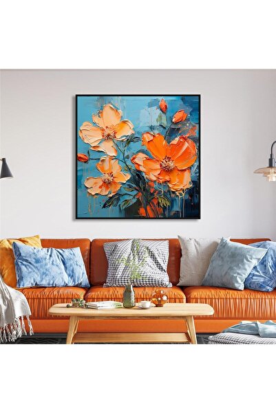Tablosan Yağlı Boya Dokulu Tablo Spatula Turuncu Çiçekler Siyah Çerçeveli U02019