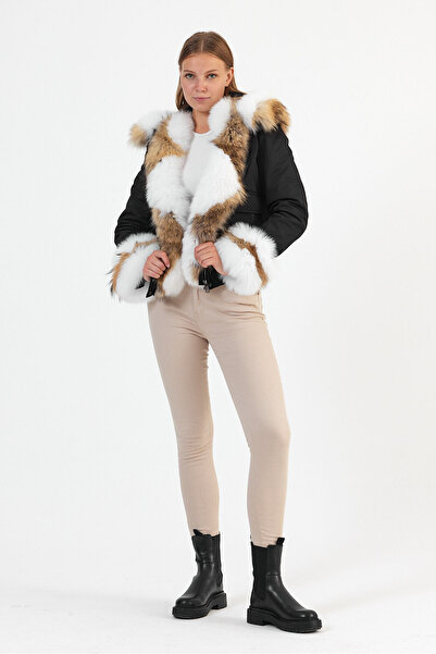 nero leather fur Su-Geçirmez Kumaş Kısa Parka Kürklü