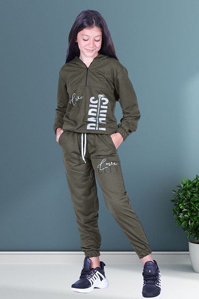 FYK COLLECTİON Love City Baskılı Fermuarlı Kız Çocuk Kapüşonlu Çift Cepli Haki Yeşili Eşofman Takımı