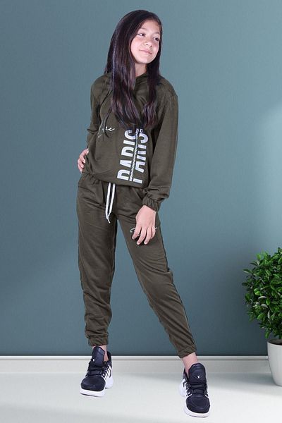 FYK COLLECTİON Love City Baskılı Fermuarlı Kız Çocuk Kapüşonlu Çift Cepli Haki Yeşili Eşofman Takımı