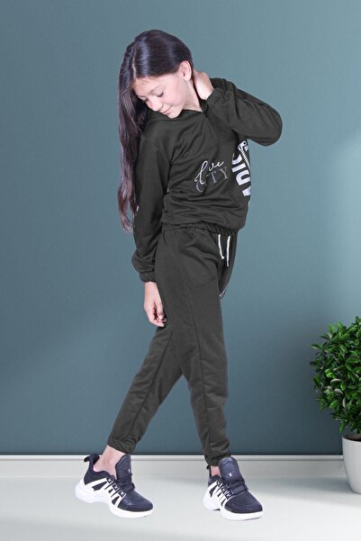 FYK COLLECTİON Love City Baskılı Fermuarlı Kız Çocuk Kapüşonlu Çift Cepli Haki Yeşili Eşofman Takımı