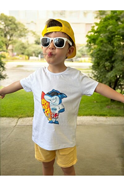 patriko tekstil Tricou cu mânecă scurtă din bumbac alb cu imprimeu rechin alb...