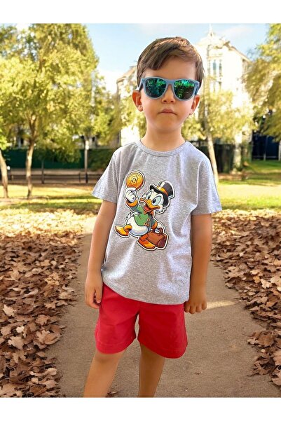 Character Printed Grey Cotton Combed Fabric Short Sleeve Girls Boys T-Shirt