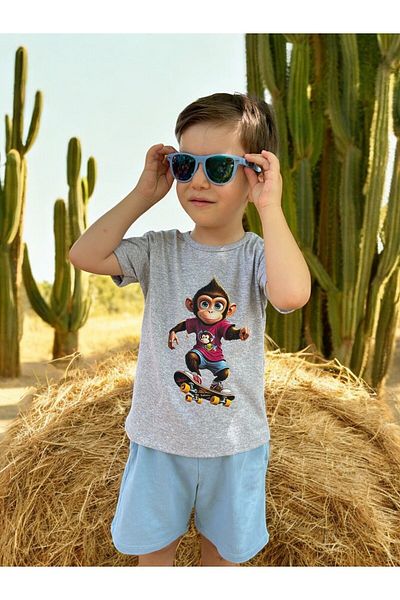 patriko tekstil Skateboard Monkey Printed Gray Cotton Children's T-Shirt - Short Sleeve