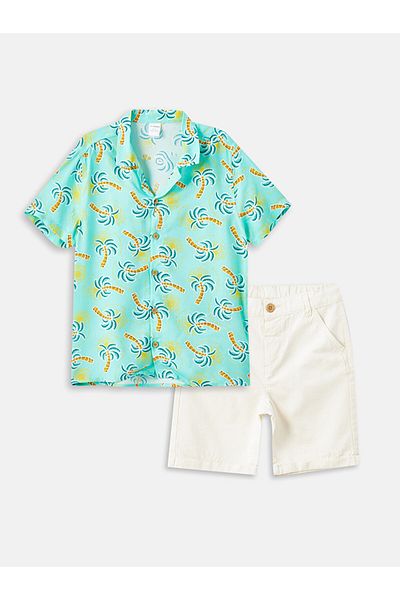 LC Waikiki Lcw Collar Short Sleeve Printed Baby Boy Shirt and Shorts Set of 2