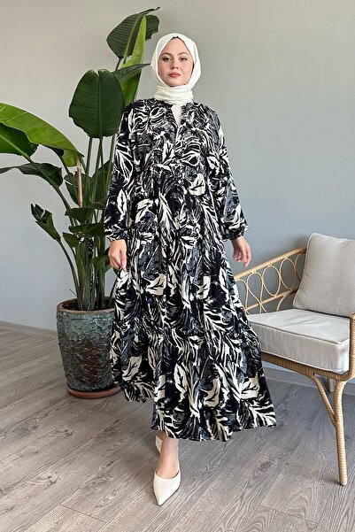 InStyle Μαύρο βισκόζη - Αφηρημένο φόρεμα με μανίκια από μπαλόνι