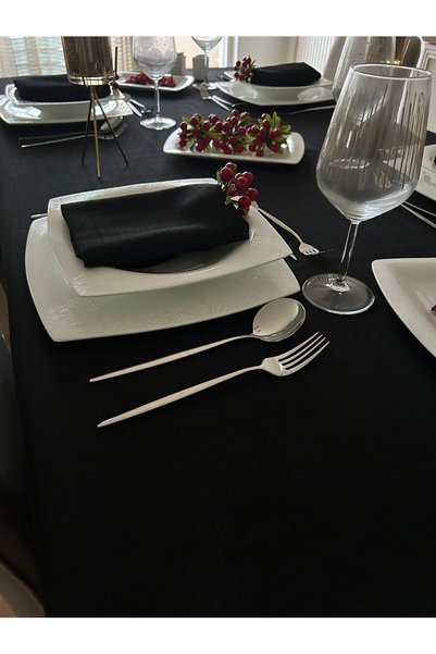 Meral Kurşun Collection Black Polyester Linen Linen Tablecloth