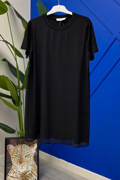 Puane Half Sleeve Front Chiffon Detail Combed Cotton Underwear Tunic 10271 - Black