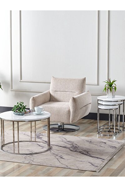 SEDAŞ LIVING UNITS 4 Lü Beyaz Suntalam Gümüş Metal Ayaklı Cam C Model Sehpa T...