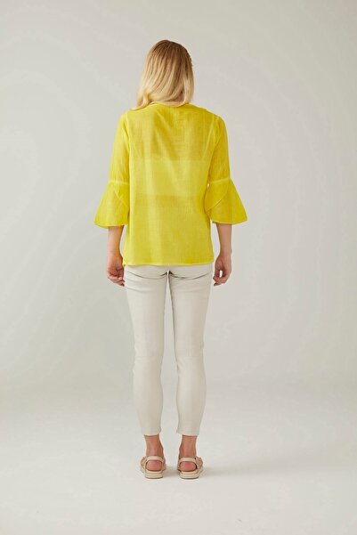 Deriderim Βαμβακερή μπλούζα με μανίκια τριών τετάρτων - Κίτρινο κέντημα και γιακά
