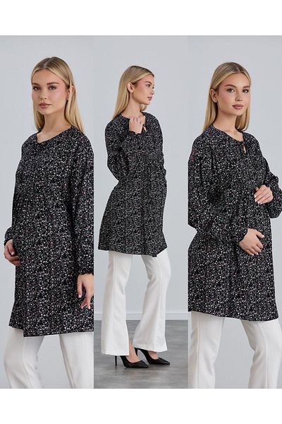 LİYACA Hijab Regular Fit Floral Patterned Viscose Maternity Blouse Tunic