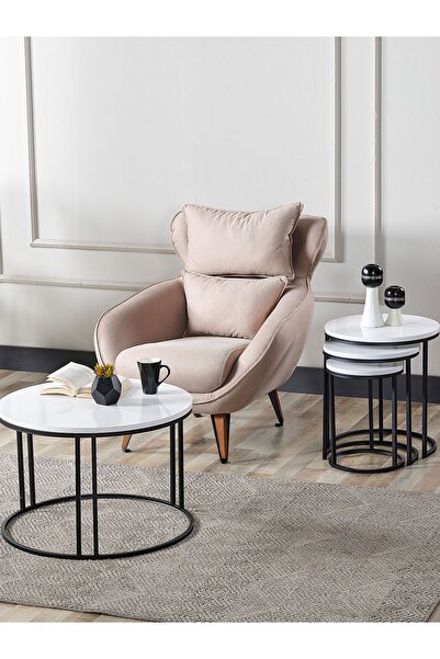 SEDAŞ LIVING UNITS 4 Lü Beyaz Suntalam Siyah Metal Ayaklı Cam C Model Sehpa T...