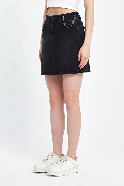 EXPLODE - Kadın Siyah Likralı Yıpratmalı Mini Kot Etek