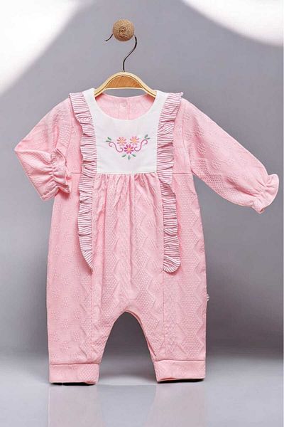 dinamik çocuk 0-12 Months Floral Embroidered Pique Fabric Jumpsuit with Snaps at the Bottom