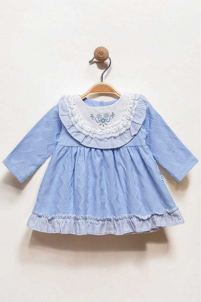 dinamik çocuk 0-2 Years Flower Embroidered and Lace Detailed Dress - Self Patterned Fabric