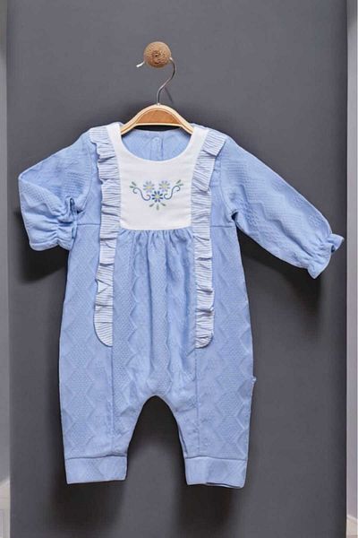 dinamik çocuk 0-12 Months Floral Embroidered Pique Fabric Jumpsuit with Snaps at the Bottom