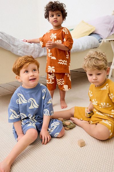 Next Baby Orange Blue and Yellow Palm Print Short Sleeve Shorts Set - Set of 3