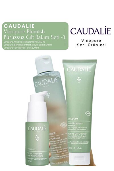 Caudalie Vinopure Blemish Pürüzsüz Cilt Bakım Seti -3 | Serum -Tonik - Temizleme Jeli Orijinal Boy