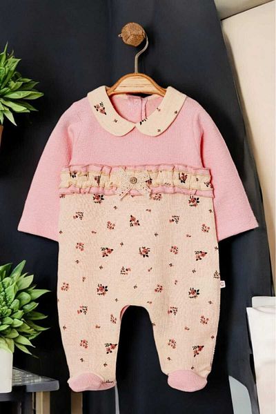 dinamik çocuk 0-12months Baby Collar Ruffle and Bow Jumpsuit - Bottom Snap Booties