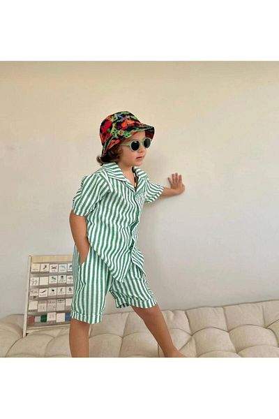 WİKİBOOM Boy's Linen Shirt Striped Shorts Set