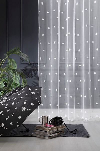 MAGİZA Star Pattern Tulle Curtain - Pleated and Drawstring, No Extrafor Ironing, for Living Room, Kitchen, Balcony, and Children's Room