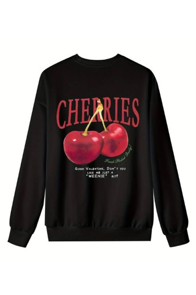 Elvino Oversize Comfortable Fit Winter Thick Red Cherries Printed Women's Sweatshirt