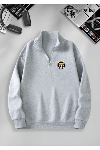 NewCabin Unisex Χειμερινό γκρι φούτερ - Μισό φερμουάρ, 2 κλωστές, φλις, γιακάς, ONE PIECE PRINTED