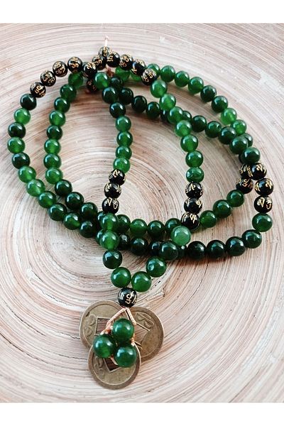 PİRAMİGO Green Gelang Stone and Lucky Money 108 Mala Long Necklace with Mudra Embroidery