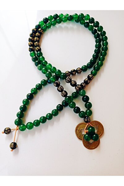PİRAMİGO Yeşil Gelang Taşı ve Şans Parası 108 Mala Uzun Kolye Mudra İşli