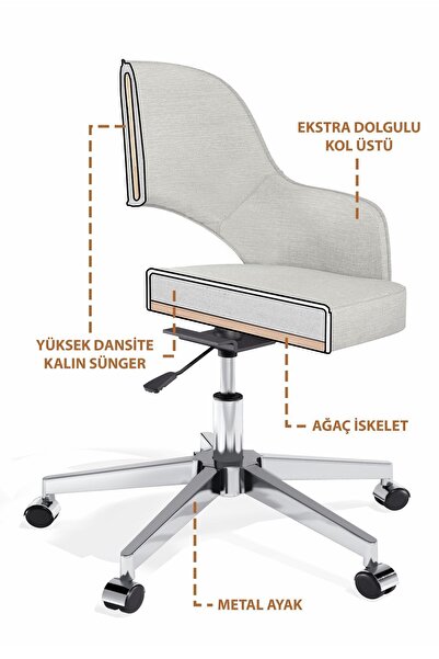 HAUSEBOX Sydney Keten Kumaş - Tekerlekli Ofis Sandalyesi & Çalışma Koltuğu (GRİ - KROM METAL AYAK)