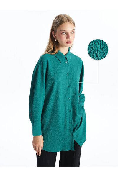 LC Waikiki LCW Oversize-Seersucker-Damenhemd – einfarbig, lange Ärmel