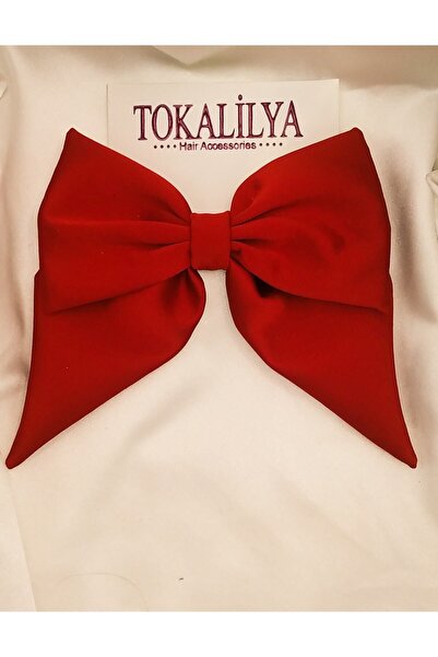 TOKALİLYA Kadın Kırmızı Saten Fiyonk Klipsli Otomatik Toka