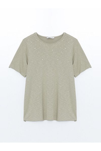 LC Waikiki Tricou LCW pentru femei - decolteu, imprimeu cu strasuri, maneca scurta