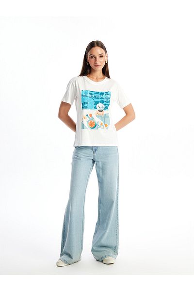 LC Waikiki T-shirt damski LCW – okrągły dekolt, z nadrukiem, z krótkim rękawem