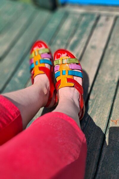 İNZE AYAKKABI Side- Red Colored Genuine Leather Sandals