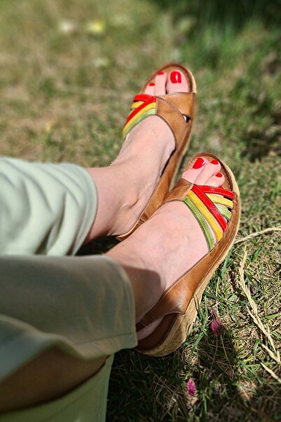 İNZE AYAKKABI Alaçatı- Tan Multicolored Genuine Leather Sandals