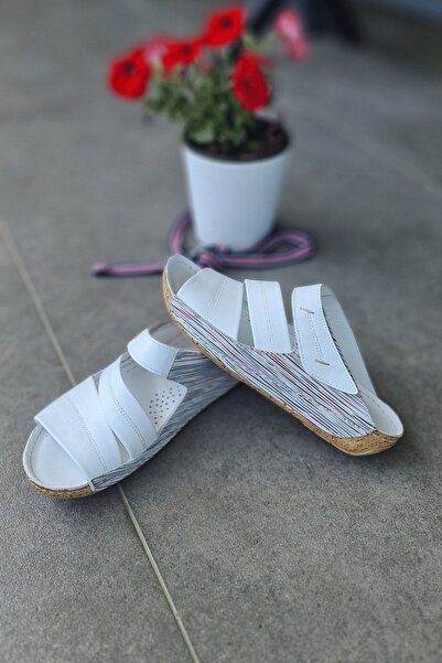 İNZE AYAKKABI Cunda- White Printed Genuine Leather Slippers